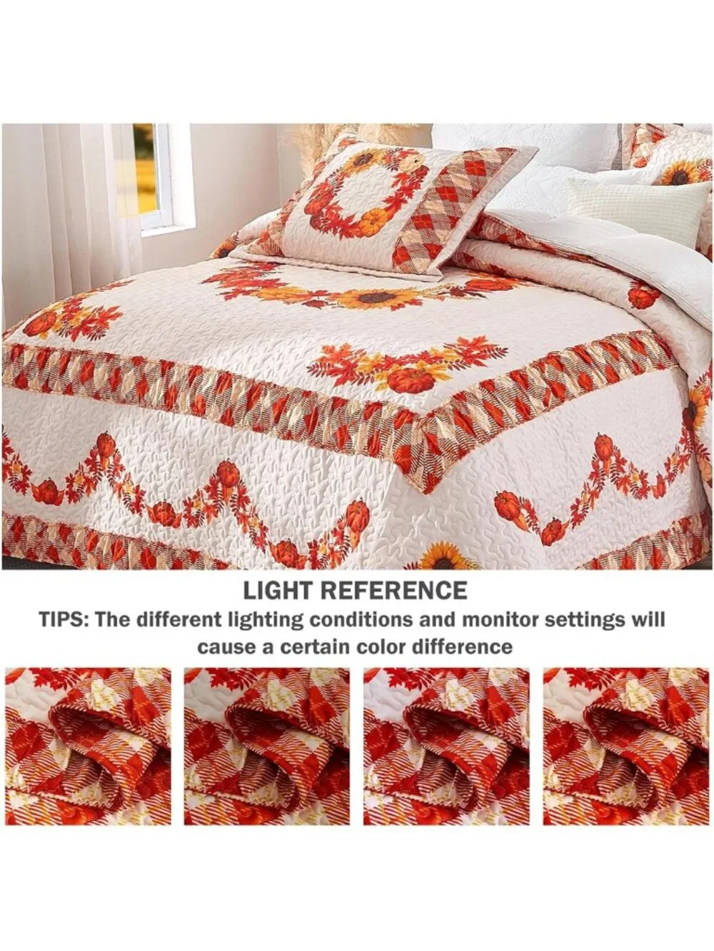 King Size Reversible Quilt Set - Fall Pumpkin & Plaid Bedding, 3PC Home Decor